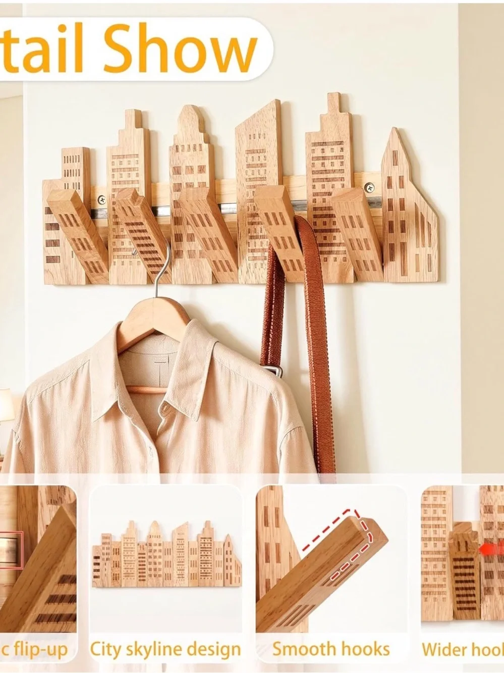 Wooden Cityscape Wall Hook Rack in Natural Wood